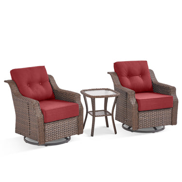 Belord 3-piece outdoor wicker swivel glider patio set with chairs and side table in a stylish outdoor space.