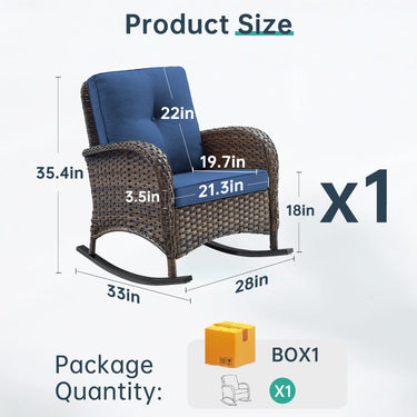 Belord Patio single PE wicker rocking chair with thick cushions, part of the NDS Series, suitable for outdoor relaxation.