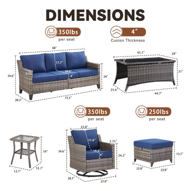 Belord 7-piece patio conversation set with sofa, 2 swivel chairs, coffee table, and 2 ottomans for outdoor lounging.
