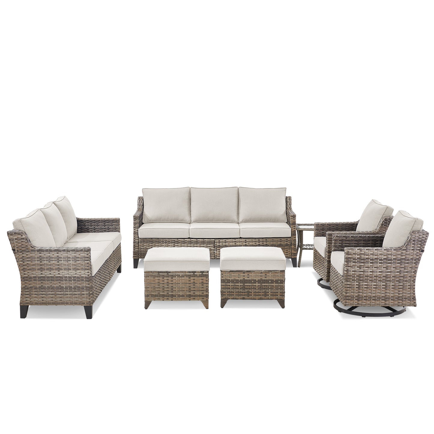 7-Piece Conversation Set with Twin Sofas: 2 Swivel Chairs, 2 Ottomans & Side Table, FG Series