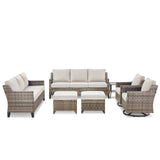 Belord 7-piece patio conversation set with sofas, two swivel chairs, two ottomans, and a side table in outdoor setting.