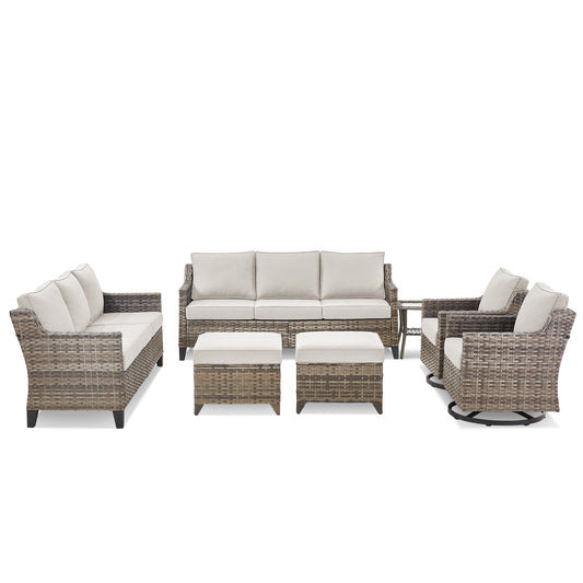 7-Piece Conversation Set with Twin Sofas: 2 Swivel Chairs, 2 Ottomans & Side Table, FG Series