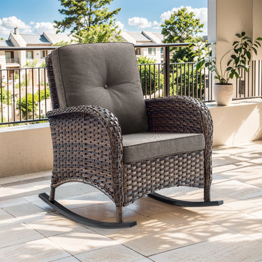 Belord patio single PE wicker rocking chair with thick cushions, outdoor furniture for comfortable patio relaxation.
