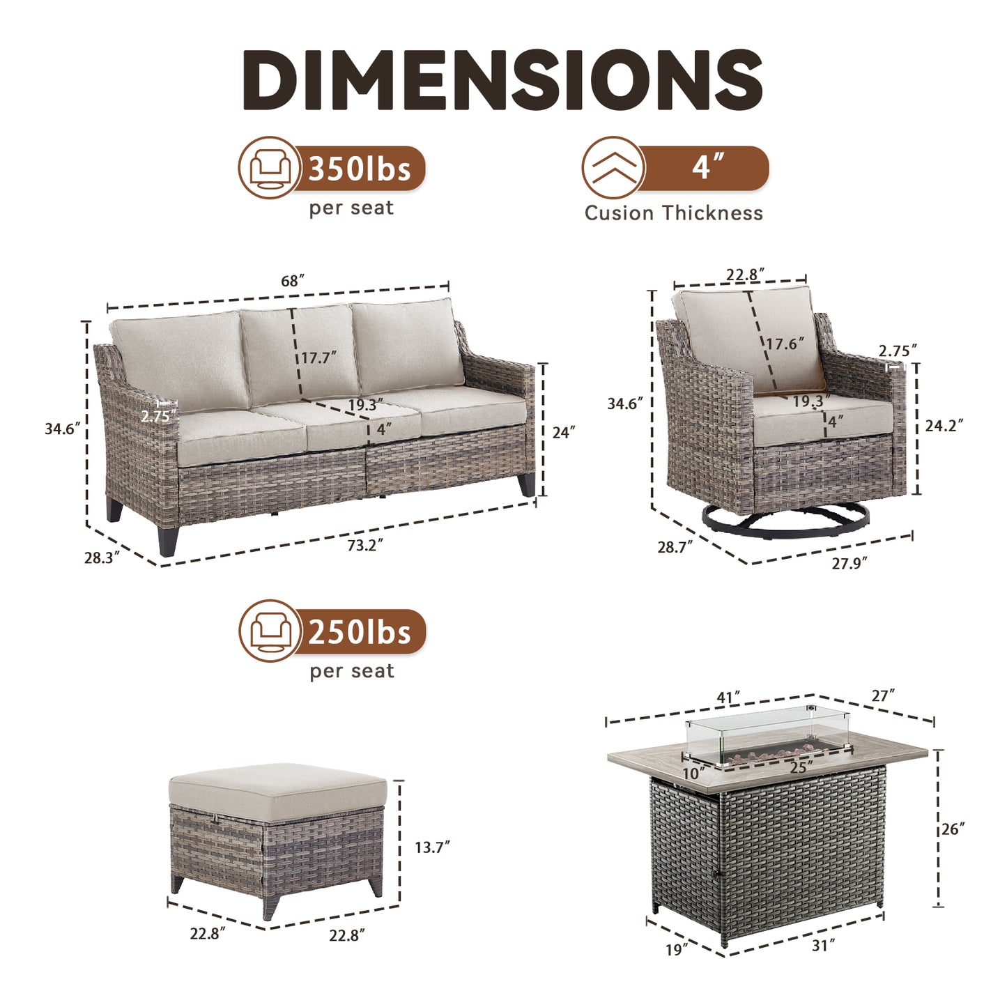 6-Piece Fire Pit Set with Swivel Chairs: Sofa, 2 Swivel Chairs, 2 Ottomans & Long Grey Rattan Fire Pit, FG Series