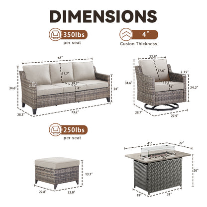 6-Piece Fire Pit Set with Swivel Chairs: Sofa, 2 Swivel Chairs, 2 Ottomans & Long Grey Rattan Fire Pit, FG Series