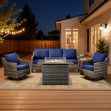 Belord 5-piece outdoor patio furniture set with wicker sofa, two swivel chairs, gray fire pit, and side table for outdoor living.