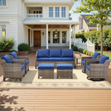 Belord 8-piece modular patio conversation set with sofa, swivel chairs, ottomans, and side table for outdoor seating.