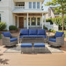 Belord 7-piece patio conversation set with sofa, two swivel chairs, coffee table, and two ottomans for outdoor relaxation.