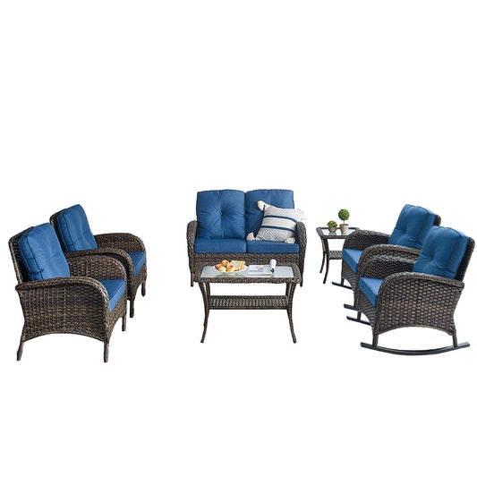 Patio Conversation Set 7-Piece with Loveseat, Rocking Chairs, Patio Chairs, Coffee Table, and Side Table, NDS Series