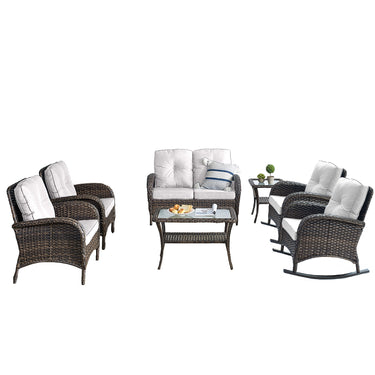 Patio Conversation Set 7-Piece with Loveseat, Rocking Chairs, Patio Chairs, Coffee Table, and Side Table, NDS Series - Belord