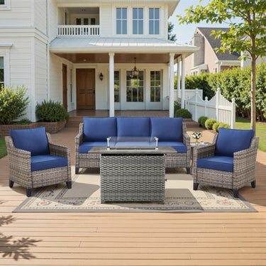 Belord 5-piece outdoor patio furniture set with wicker sofa, two chairs, gray fire pit, and side table for outdoor lounging.