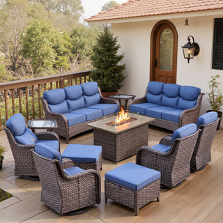 Belord 11-piece patio fire pit set with sofa and swivel chairs, featuring modern outdoor furniture for cozy gatherings.