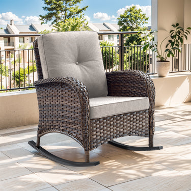 Belord patio single PE wicker rocking chair with thick cushions, outdoor furniture for relaxing on the patio.