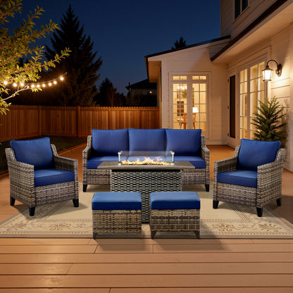 6-Piece Fire Pit Gathering Set: Sofa, 2 Chairs, Ottoman & Long Grey Rattan Hearth, FG Series
