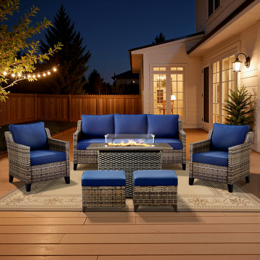 6-Piece Fire Pit Gathering Set: Sofa, 2 Chairs, Ottoman & Long Grey Rattan Hearth, FG Series