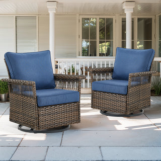 Belord outdoor wicker swivel glider patio chair with 4-inch wide armrests, part of the SS Series, shown in a cozy outdoor setting.