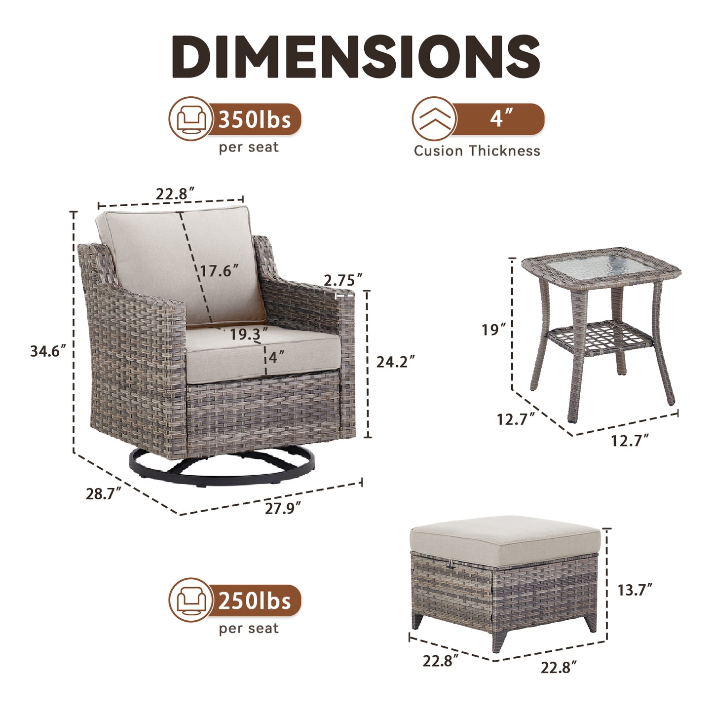 Outdoor Swivel Chair Set (5 Pcs): 2 Glider Chairs, Ottoman Pair & Glass Accent Table, FG Series
