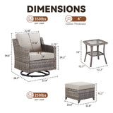 Belord outdoor swivel patio conversation set with 2 glider chairs, ottomans, and glass accent table in a stylish FG Series design.