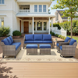 Belord 7-piece patio conversation set with sofas, two swivel chairs, two ottomans, and side table for outdoor seating.