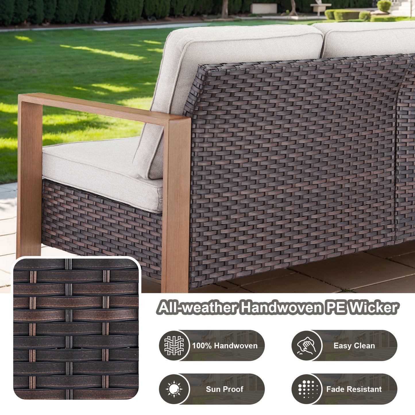 Belord Deep-Seat Wicker Sofa: A Spacious 3-Person Couch with Wood Grain Frame, HOP Series