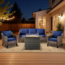 Belord 5-piece outdoor patio furniture set with wicker sofa, two chairs, gray fire pit, and side table for outdoor living.