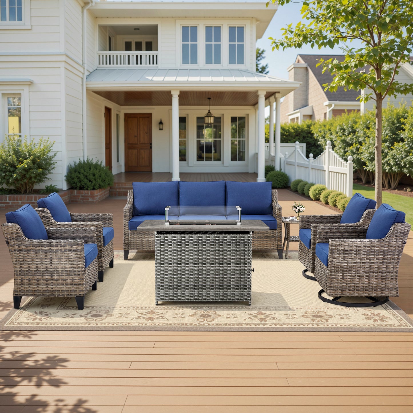 7-Piece Patio Conversation Set with Grey Rattan Fire Pit: Sofa, 2 Side Chairs, 2 Swivel Chairs, 2 Patio Chairs & Side Table, FG Series