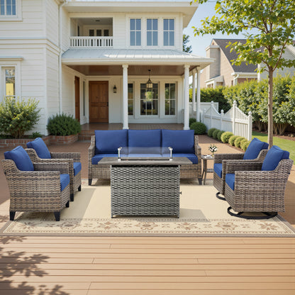 7-Piece Patio Conversation Set with Grey Rattan Fire Pit: Sofa, 2 Side Chairs, 2 Swivel Chairs, 2 Patio Chairs & Side Table, FG Series