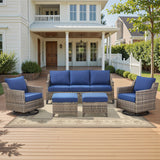 Belord 5-piece outdoor patio furniture set with all-weather wicker, including swivel chairs for outdoor conversation.