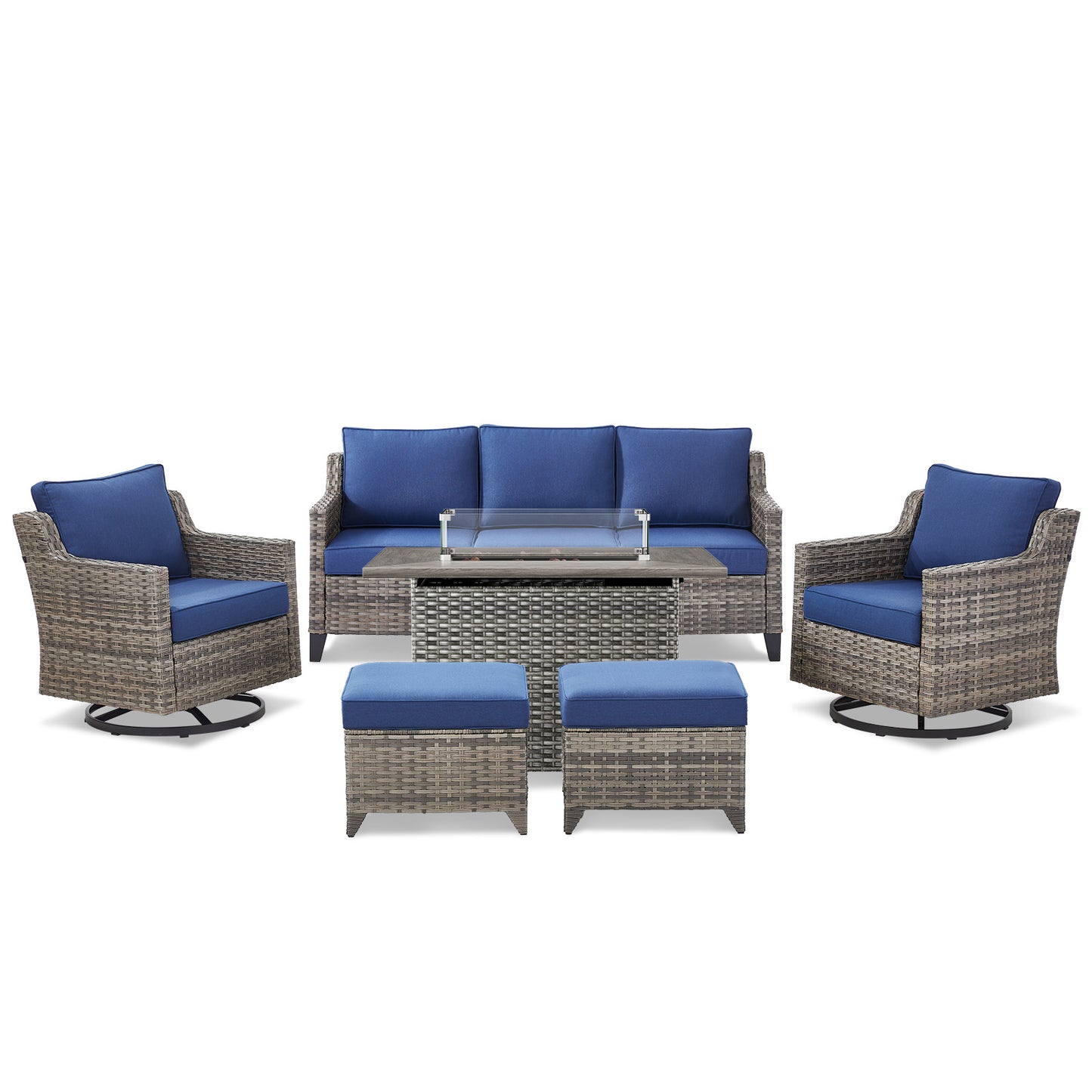 6-Piece Fire Pit Set with Swivel Chairs: Sofa, 2 Swivel Chairs, 2 Ottomans & Long Grey Rattan Fire Pit, FG Series