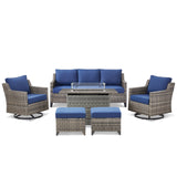 Belord 6-piece fire pit patio set with swivel chairs and ottomans, rattan hearth design, perfect for outdoor lounging and entertaining.