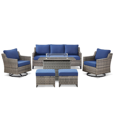 Belord 6-piece fire pit patio set with swivel chairs and ottomans, rattan hearth design, perfect for outdoor lounging and entertaining.
