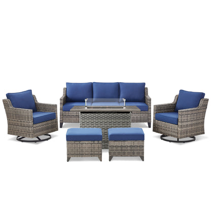 6-Piece Fire Pit Set with Swivel Chairs: Sofa, 2 Swivel Chairs, 2 Ottomans & Long Grey Rattan Fire Pit, FG Series