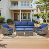 Belord 6-piece patio conversation set with sofa, 2 swivel chairs, 2 ottomans, and glass table for outdoor lounging.