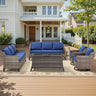 Belord 6-piece outdoor patio furniture set with wicker sofas, swivel chairs, coffee table, and side table in a cozy outdoor setting.