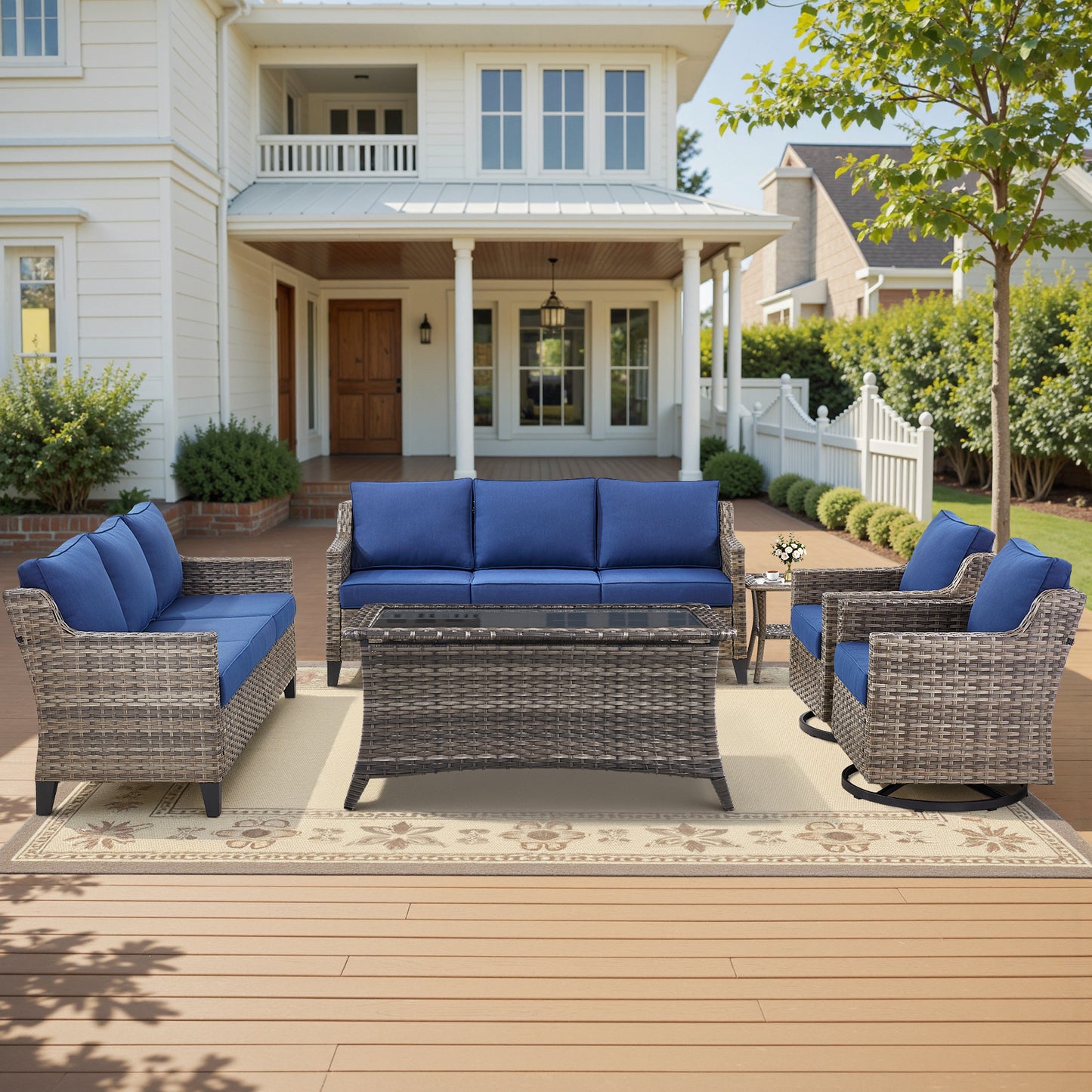 6-Piece Outdoor Patio Furniture Set — 2 Wicker Sofas, 2 Swivel Chairs, Coffee Table & Side Table, FG Series