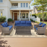 Belord 6-piece outdoor patio furniture set with wicker sofas, swivel chairs, coffee table, and side table in a cozy outdoor setting.
