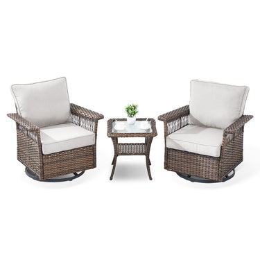Set of three Belord wicker patio swivel glider chairs with side table, SS Series, outdoor furniture for relaxing patio space.