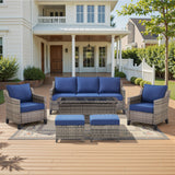 Belord 6-piece outdoor lounge set with hand-woven wicker sofa, patio chairs, coffee table, ottomans, and plush cushions.