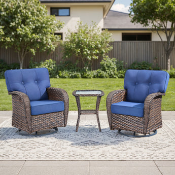 Belord 3-piece outdoor patio swivel T-back chairs with side table in T Series, featuring comfortable cushions and durable metal frames.