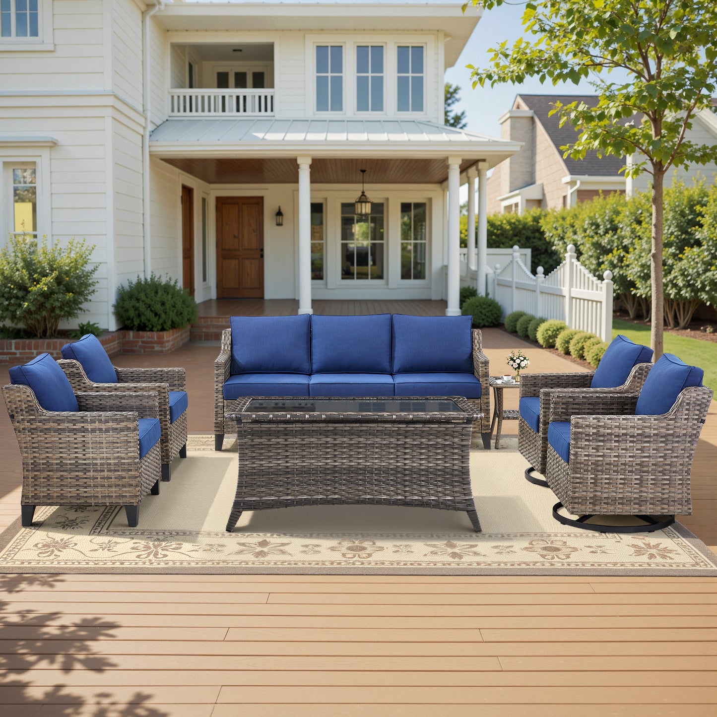 7-Piece Wicker Set: Sofa, 2 Patio Chairs, 2 Swivel Chairs with Coffee Table & Side Table, FG Series