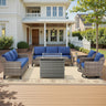 Belord 6-piece fire pit set with twin sofas, swivel chairs, side table, and hearth for patio outdoor warming and seating.