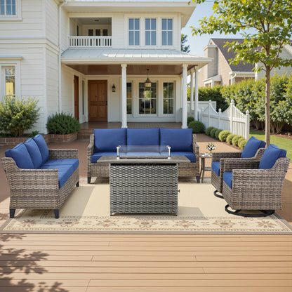 6-Piece Fire Pit Lounge Set: 2 Sofas, 2 Swivel Chairs, Side Table & Long Grey Rattan Fire Pit, FG Series
