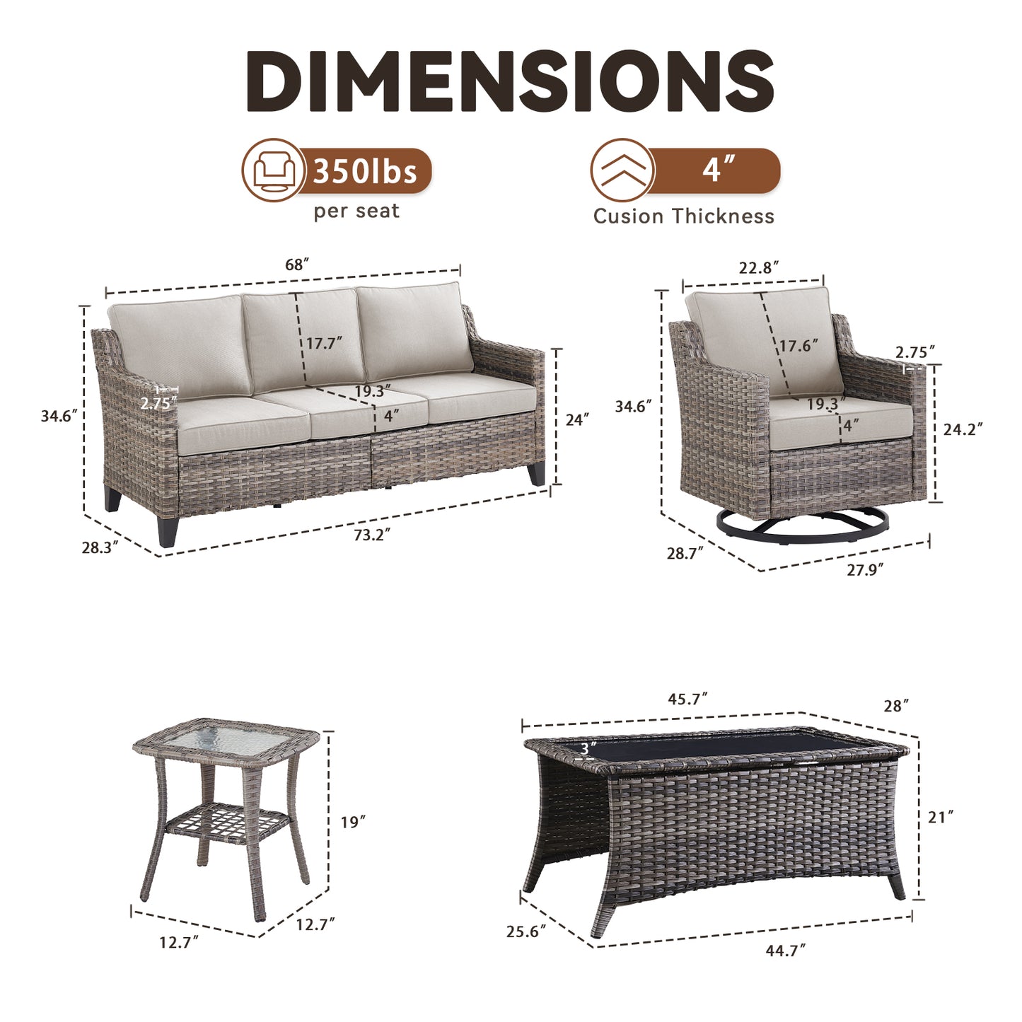6-Piece Outdoor Patio Furniture Set — 2 Wicker Sofas, 2 Swivel Chairs, Coffee Table & Side Table, FG Series