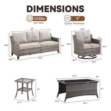 Belord 6-piece outdoor patio furniture set with wicker sofas, swivel chairs, coffee table, and side table for patio conversation.