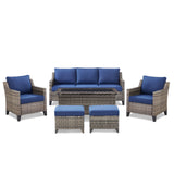 Belord 6-piece outdoor lounge set with hand-woven wicker sofa, patio chairs, coffee table, ottomans, and comfy cushions.