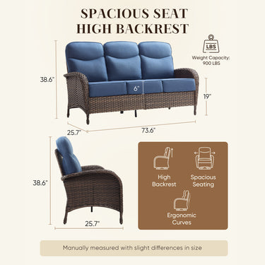 Belord 6-inch thick cushion wicker patio sofa for garden, 3-seater ND Series with plush cushions and woven wicker frame.