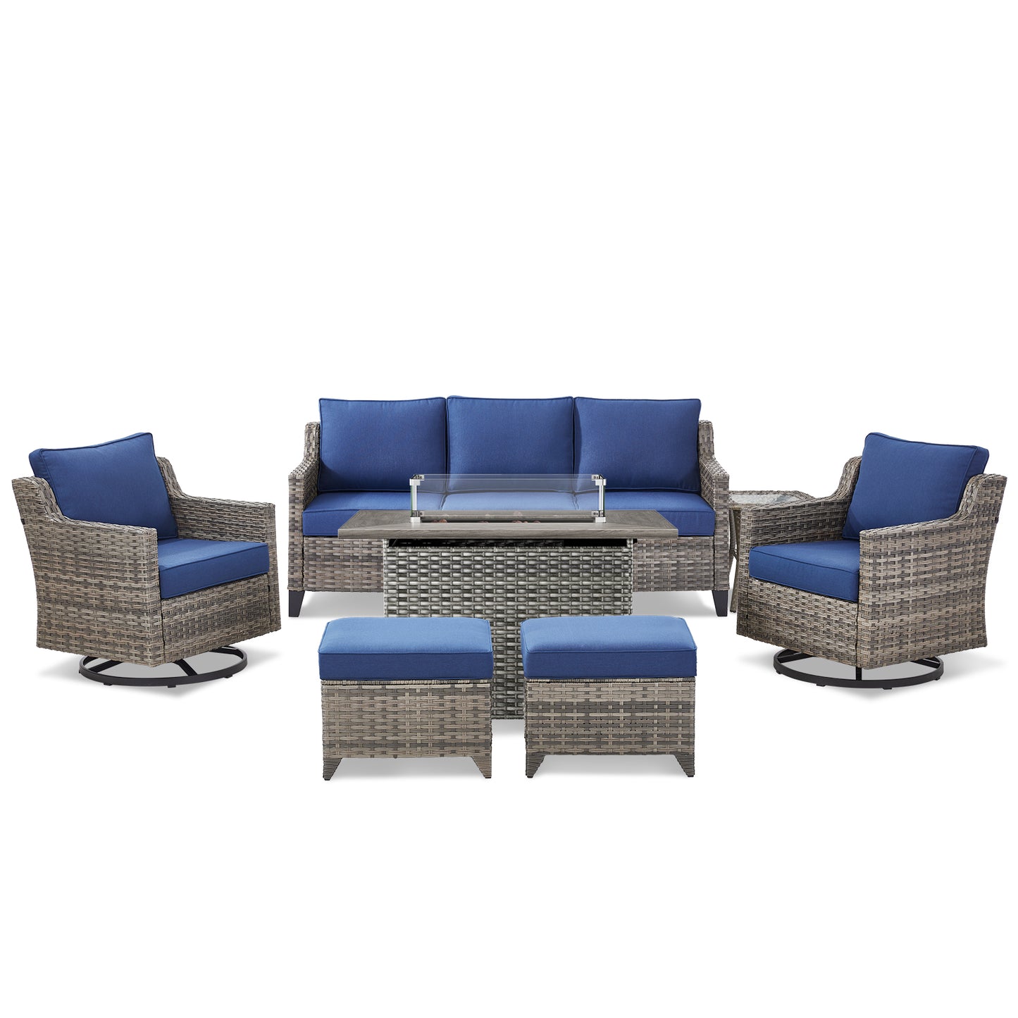 7-Piece Fire Pit Lounge Set: Sofa, 2 Swivel Chairs, Ottoman, Side Table & Long Grey Rattan Fire Pit, FG Series