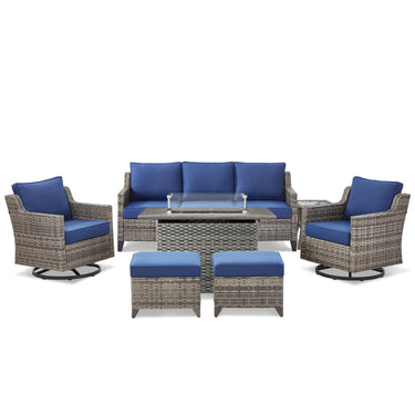 Belord 7-piece patio fire pit set with sofa, swivel chairs, ottomans, and side table, designed for outdoor patio lounging.
