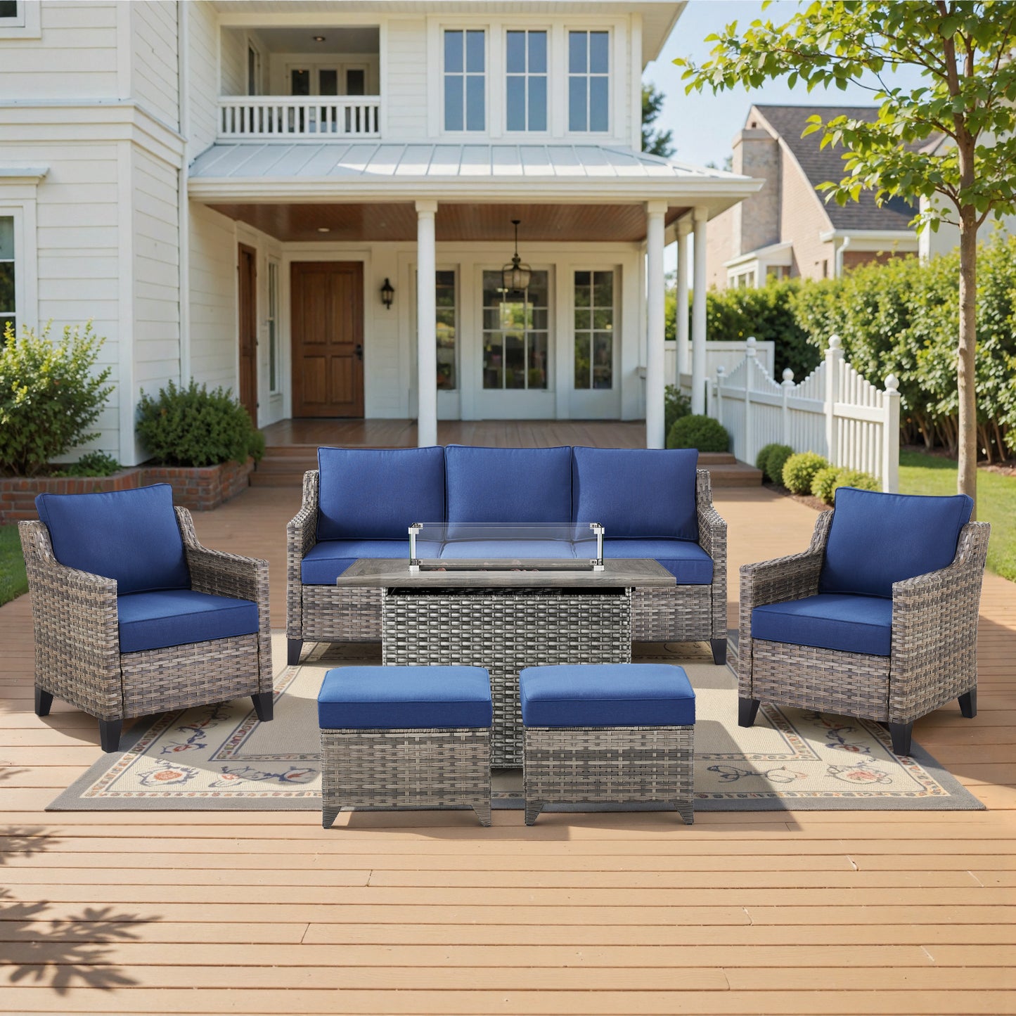 6-Piece Fire Pit Gathering Set: Sofa, 2 Chairs, Ottoman & Long Grey Rattan Hearth, FG Series