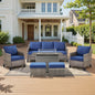 6-Piece Fire Pit Gathering Set: Sofa, 2 Chairs, Ottoman & Long Grey Rattan Hearth, FG Series